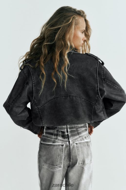 ropa cl Zara mujer chaqueta motera de piel sintética desgastada gris JJ06N418