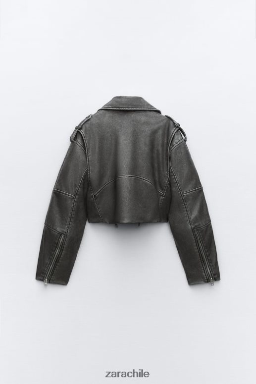ropa cl Zara mujer chaqueta motera de piel sintética desgastada gris JJ06N418