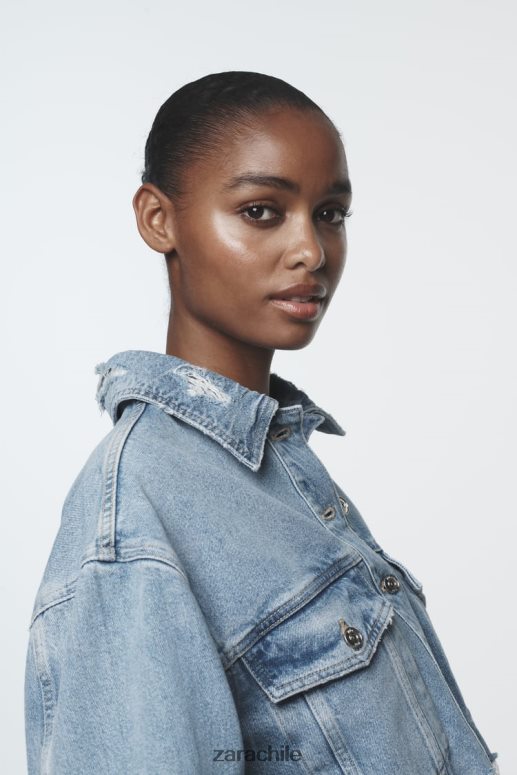 ropa cl Zara mujer chaqueta vaquera corta con rotos z1975 azul medio JJ06N456