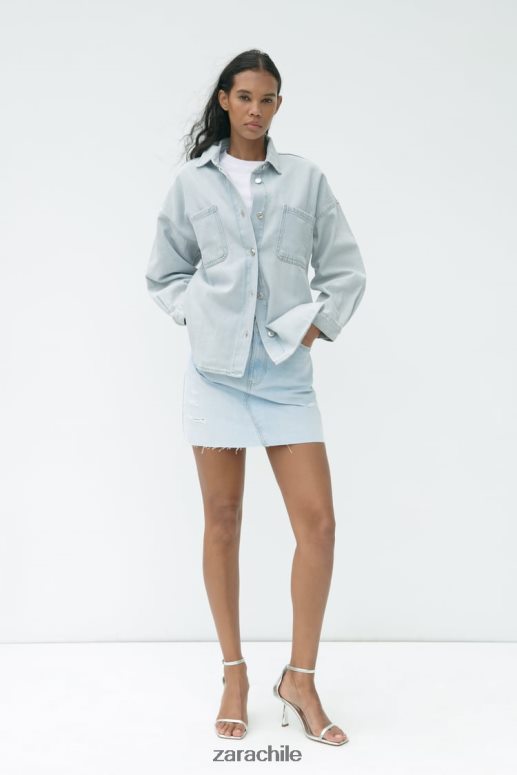 ropa cl Zara mujer sobrecamisa de mezclilla con bolsillo de parche z1975 azul claro JJ06N4121