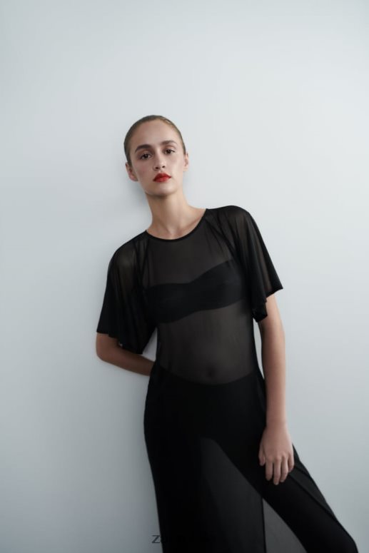 ropa cl Zara mujer vestido de tul con mangas tipo capa negro JJ06N4118