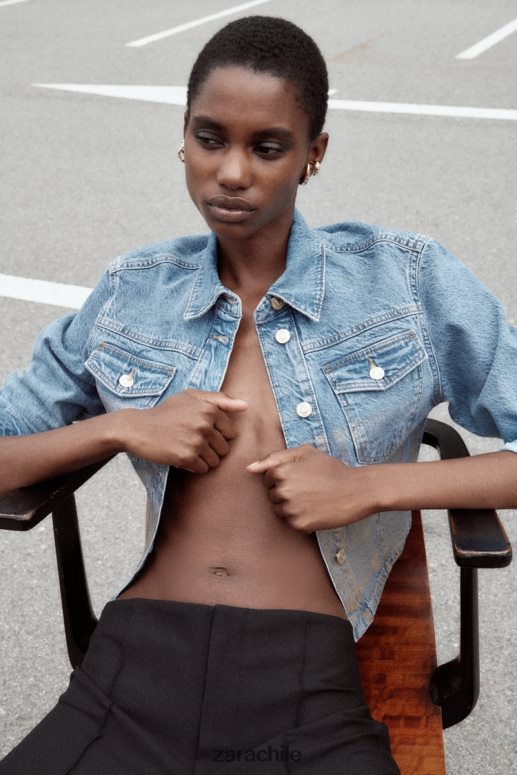 ropa cl Zara mujer z1975 chaqueta corta de mezclilla metalizada azul medio JJ06N471